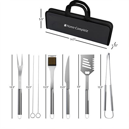 7-Piece BBQ Grill Tool Kit - Stainless Steel BBQ Accessories Kitchen Set with Spatula, Tongs, Fork, Knife, Brush, Skewers, and Case by Home-Complete