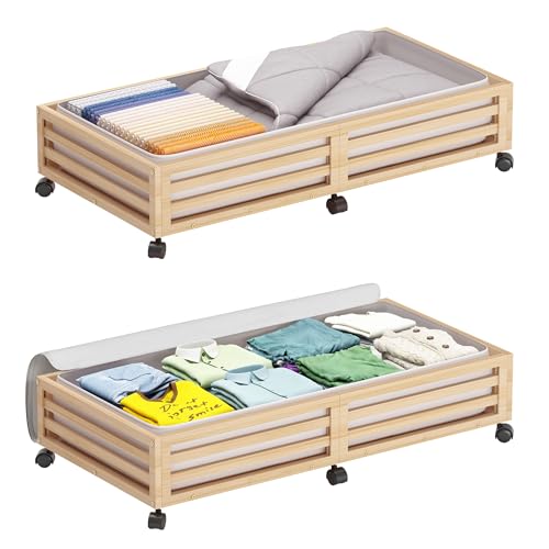 Wisuce Bamboo Under Bed Storage Containers- Underbed Organizer with Wheels with Dust Bag,Sturdy Wood Rolling Under the Bed Shoe Storage Organizer Drawers (Nature, 2 Pack (33.07"×16.54")) - color: Nature, size: 2 Pack (30.72"×16.54")