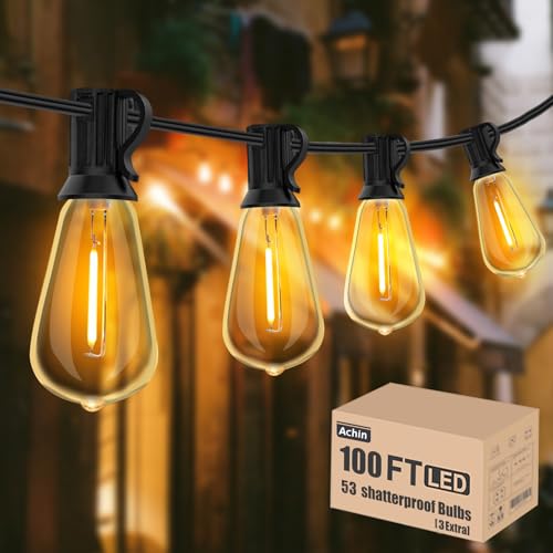 Achin 100FT Outdoor String Lights LED Dimmable Patio Lights String Waterproof with 50+3 Shatterproof Bulbs ST38 Vintage String Lights for Outside Gazebo Bistro Lights, 2200K Warm White - color: ST38-Black-2200K, size: 100FT 50 Bulbs