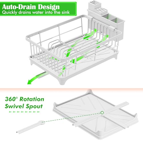 Kmiectse Dish Drying Rack - Space-Saving Small Dish Rack for Kitchen Counter, Rust-Resistant Kitchen Drying Rack, Compact Dish Drainer Organizer with Utensil Holder for Home Kitchen, White - color: White