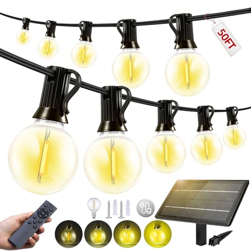 50FT Solar Lights Outdoor Waterproof: G40 15M Shatterproof Bulbs Patio Lights - Solar Powered Remote Control 3 Light Modes Dimmable Solar Light - Camping Backyard Garden Deck Outside Yard - size: 50FT-Remote