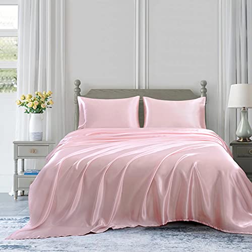 Homiest 3pcs Satin Sheets Set Luxury Silky Satin Bedding Set with Deep Pocket, 1 Fitted Sheet + 1 Flat Sheet + 1 Pillowcase (Twin XL Size, Blush Pink) - color: Blush Pink, size: Deep pocket - Twin XL size