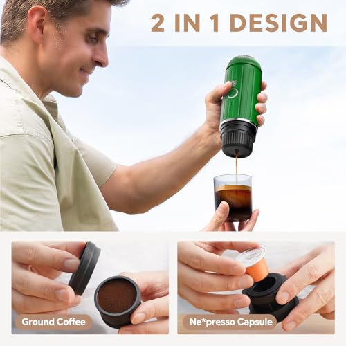 i Cafilas Portable Espresso Machine Self-Heating | Battery Powered Coffee Maker for Camping without Electricity| 2-in-1 Ground Coffee&NS Capsule|19 Bar| USB-C Fast Charge| Green Coffee Maker for Car - color: Green