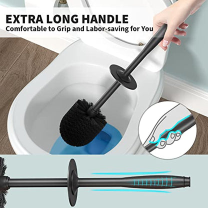Toilet Brush, Toilet Bowl Brush with Extra Long Handle Durable Bristles Toilet Scrubber and Covered Holder for Toilet Brush Set for Bathroom Cleaning (Black, 1 Set) - color: Black