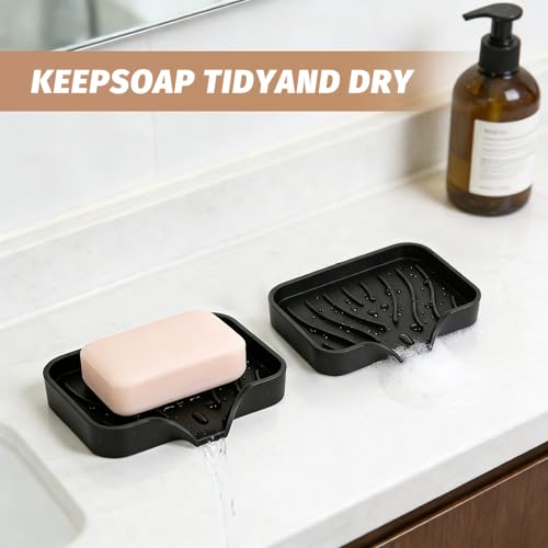 2-Pack Self-Draining Silicone Soap Dish - Anti-Slip Bar Soap Holder for Shower, Bathroom & Kitchen - color: Black Soapdish