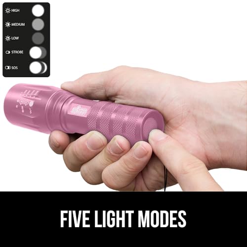 GORILLA GRIP Powerful LED 750 FT Water Resistant 5 Adjustable Mode Tactical Flashlight, High Lumens Ultra Bright Battery Life Zoom Flashlights, Small Camping Car Mini Flash Light Accessories, Pink - color: Pink