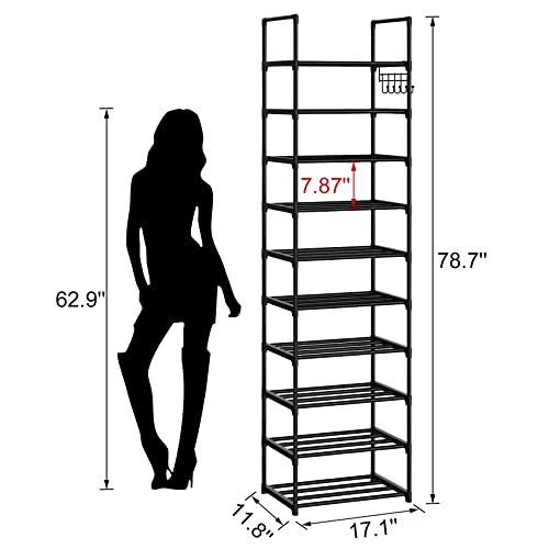 Narrow Shoe Rack 10 Tiers Tall Shoe Rack for Entryway Closet 20 24 Pairs Shoe & Boots Organizer Storage Shelf Durable Black Metal Stackable Shoe Cabinet with Hooks, 17.1D x 11.8W x 78.7H in - color: Black