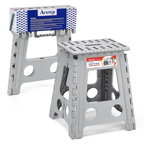 ACSTEP Folding Step Stool 16 Inch Heavy Duty Step Stool Foldable for Adults and Kids, Collapsible Stepping Stool with Handle, Non Slip Folding Stools for Kitchen Hold Up to 400lbs (Grey 1PC) - color: Gray, size: 16 Inch( Pack of 1)