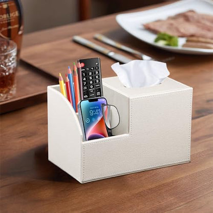 PU Leather Square Tissue Box Cover - Multi-Functional Tissue Box Holder, Tissue Box Cover with Storage,Tissue and Remote Control Holder, Cube Tissue Box Organizer Bedroom Nightstand End Table - color: Beige White