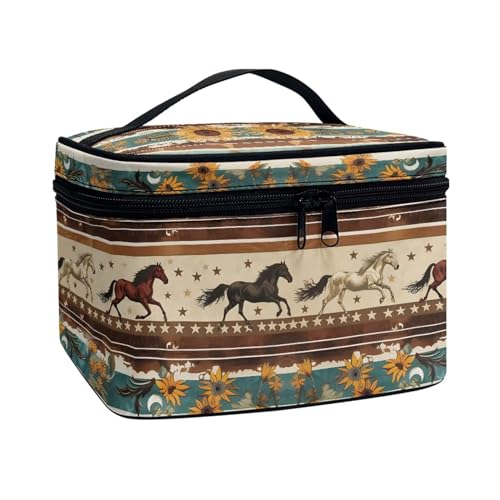 Travel Makeup Organizer Aztec Horse Sunflower Printed Toiletry Bag for Girls Women Large Capacity Brush Holder Portable Cosmetic Pouch - color: Aztec Horse Sunflower