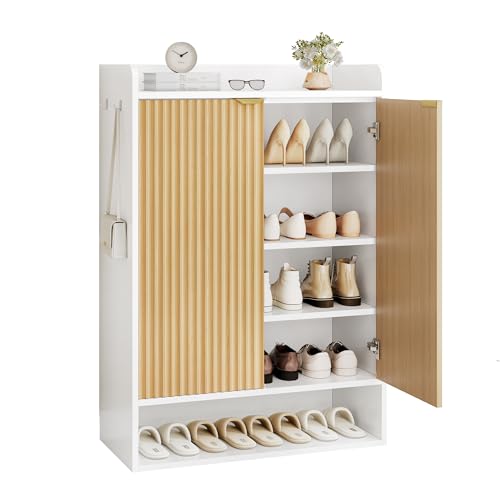 DreamDashio Fluted Shoe Cabinet Storage with Doors, 5-Tier Modern Shoe Storage Cabinet with Side Hooks, Open Shelf & Adjustable Shelves, Tall Shoe Rack Organizer Cabinet for Entryway, Hallway, White