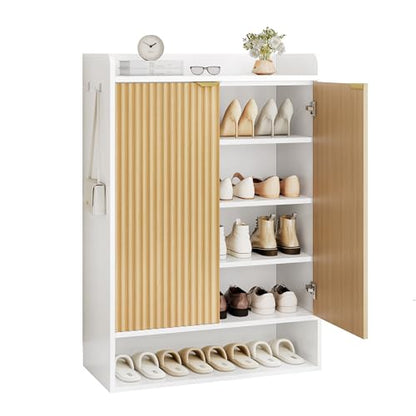 DreamDashio Fluted Shoe Cabinet Storage with Doors, 5-Tier Modern Shoe Storage Cabinet with Side Hooks, Open Shelf & Adjustable Shelves, Tall Shoe Rack Organizer Cabinet for Entryway, Hallway, White