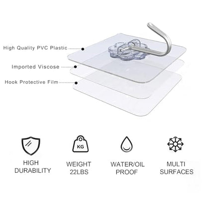 Adove Adhesive Hooks for Hanging, Heavy Duty Wall Hooks 20 Pack, Removable Sticky Ceiling Hooks, Transparent Self Adhesive Shower Hooks, Water & Oil Proof Strong 22lb(Max) Door Coat Hooks