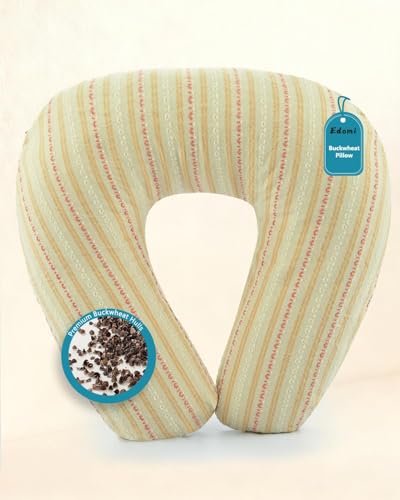 Buckwheat U Shaped Neck Pillow - 12''x12'' Adjustable Cervical Support Pillow with Breathable Buckwheat Hulls, Removable Cotton Cover, Ideal for Airplane, Office or Home Use (Khaki) - color: Stripe-khaki