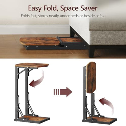 MAHANCRIS Folding C Shaped End Table, Adjustable Small Sofa Side Laptop Desk, Foldable Couch TV Tray Table for Small Spaces, Living Room, Bedroom, Rustic Brown ETHR4101