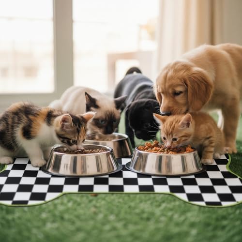 Yookeer Black and White Pup Placemat Check Plaid Cute Pet Food Mat for Dog Bowls and Cat Bowls Gift Decorations Buffalo Plaid Bone Shaped Dog Place Mat Spring Pet Accessories Supplies, 14 x 24 Inch