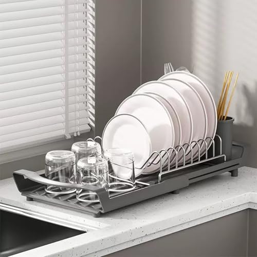 Expandable Dish Drying Rack for Sink or Countertop – Compact Stainless Steel Dish Drainer with Removable Utensil Holder, Rustproof Plate Rack for Small Kitchen Spaces, Grey