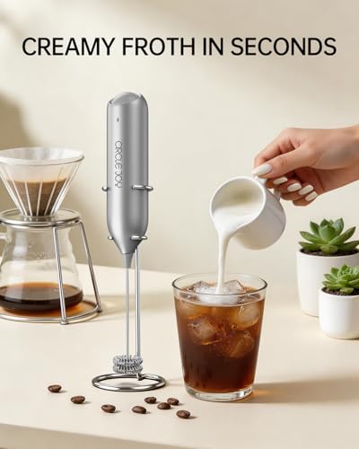 CIRCLE JOY Rechargeable Milk Frother Handheld with Stand, Dual Spring Whisk Electric Foam Maker, Detachable Hand Frother Wand Drink Mixer for Lattes, Cappuccino, Macchiato, Hot Chocolate, Silver - color: Stand Silver, size: Rechargeable
