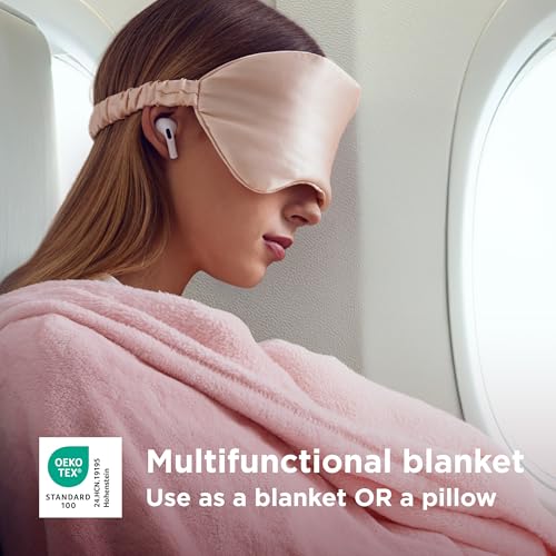 Bedsure Travel Blanket Airplane Compact with Storage Bag, Packable Blanket with Eye Mask, Lightweight 2-in-1 Travel Essentials, Functioned as Pillow for Airplane Comfort and Warmth, Pink - color: Pink