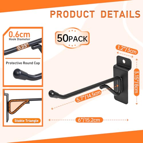 50 Pack 6 Inch Slatwall Hooks, Heavy Duty Slat Wall Hanger, Slat Wall Hanging Hook, Slatwall Accessories Display Hooks for Garage, Sheds, Retail Store, Kitchen, Craft Room (50, 6 Inch) - size: 6 Inch