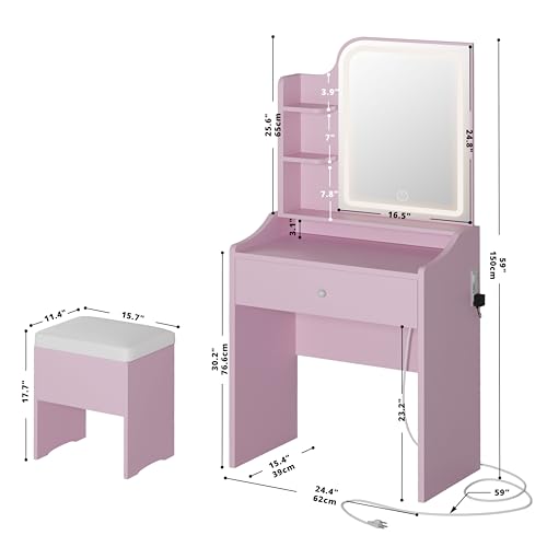 LIKIMIO Small Makeup Vanity Desk with Mirror and Lights, Vanity Table Set with Storage Drawer, Chair and Three Shelves, Bedroom, Pink - color: Pink