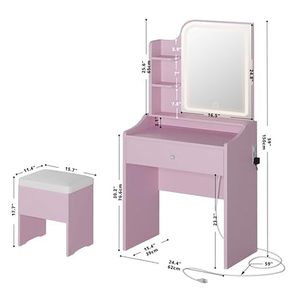 LIKIMIO Small Makeup Vanity Desk with Mirror and Lights, Vanity Table Set with Storage Drawer, Chair and Three Shelves, Bedroom, Pink - color: Pink