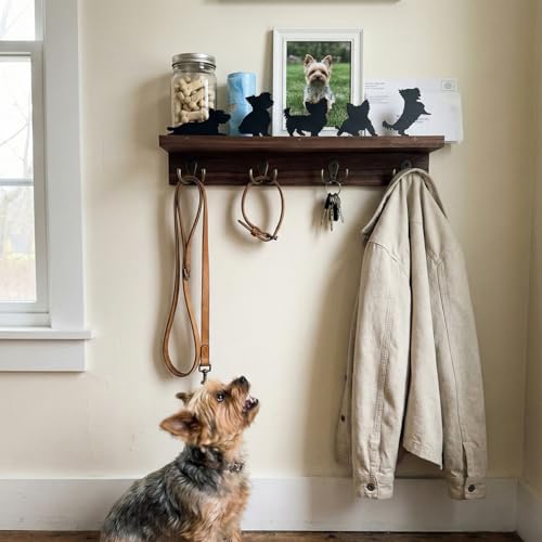 Solid Walnut Dog Leash Holder for Wall, Custom Dog Metal Silhouette Key Hanger & Top Shelf for Entryway Storage, Heavy Duty Pet Collar Rack, 15.8 Inch (Yorkshire Terrier)