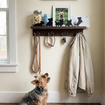 Solid Walnut Dog Leash Holder for Wall, Custom Dog Metal Silhouette Key Hanger & Top Shelf for Entryway Storage, Heavy Duty Pet Collar Rack, 15.8 Inch (Yorkshire Terrier)