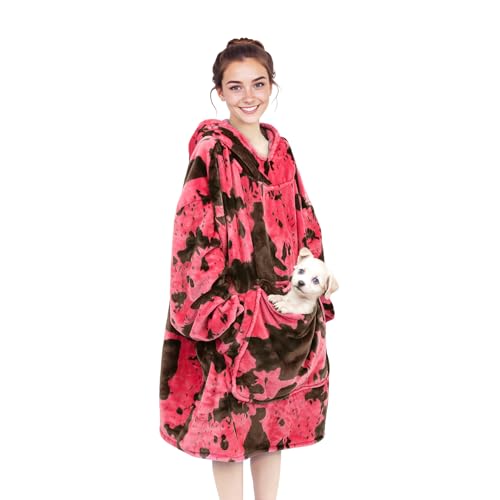 cow print Pink Blanket Hoodie for Women & Teen Girls - Adult Wearable Hooded Blanket Sweatshirt with Giant Pocket, Cozy Fleece Plush Gifts for Women Girls Birthday - color: Black Pink, size: Adult