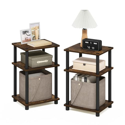 Furinno JUST Side Table Set of 2, 3-Tier Modern End Tables, Open Shelves Night Stand, Nightstand Set, Toolless Assembly, for Living Room, Bedroom, Amber Pine - color: Amber Pine/Black, size: 3-Tier, Round Pole, style: 2-Pack