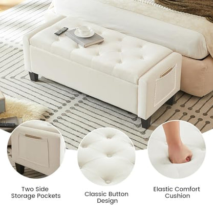Velvet Storage Ottoman Bench for Bedroom, End of Bed Bench with Button, Side Storage Pockets, Organizer Storage Chest, Upholstered Foot Rest, Load up to 400 lb, for Living Room, Entryway, Beige