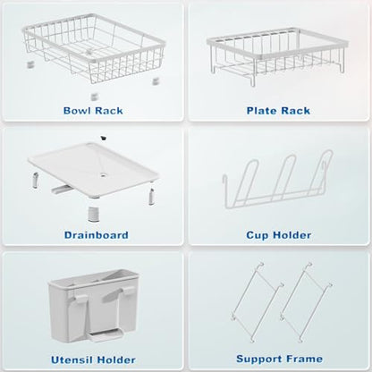 GAOKASE Dish Drying Rack, Stainless Steel-Dish Rack, Dish Racks for Kitchen Counter, Kitchen Dish Drainers with Removable Utensil Holder,New Drain Outlet,Plate Rack and Drainboard (White 3) - color: White 3