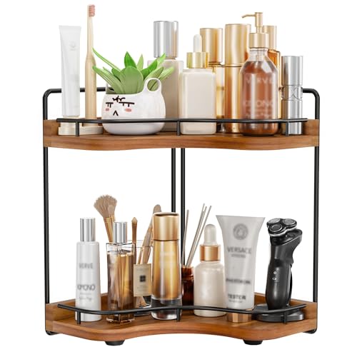 2-Tier Corner Bathroom Counter Organizer with Embedded Screw Holes, Secure & Stable Wood Vanity Shelf for Makeup and Skincare Essentials - Space Saving Bathroom Countertop Storage(Acacia wood-Brown) - color: Acacia Wood-dark Brown