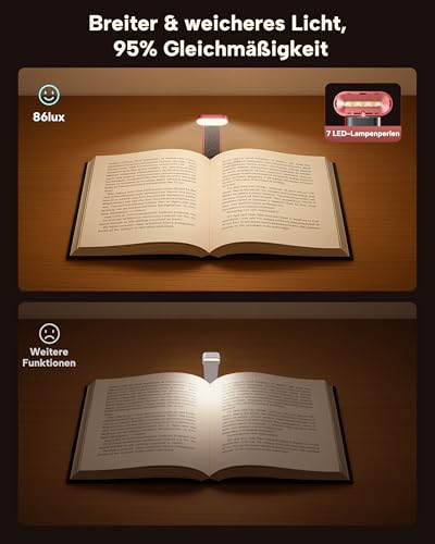 86lux Book Light, Reading Light for Book in Bed, USB Rechargeable LED Night Light with 3 Colors & Stepless Dimming, Aluminum Alloy Bookmark Light for Book Lovers, Red - color: Red