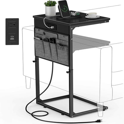 Vagusicc C Shaped End Table with Charging Station, Tall C Table End Table Adjustable Height Side Table for Couch, Small Couch Table Slide Under Sofa Table TV Tray Table for Living Room, Bedroom, Black - color: 1pc Black