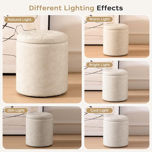 oakvivo Faux Leather Round Ottoman with Storage 12.6" W x 14.17" H & 14.76" W x 17.32" H Set of 2, Small Boucle Coffee Table Footstool with Removable Lid for Living Room, Bedroom, Beige - color: Beige