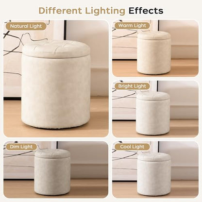 oakvivo Faux Leather Round Ottoman with Storage 12.6" W x 14.17" H & 14.76" W x 17.32" H Set of 2, Small Boucle Coffee Table Footstool with Removable Lid for Living Room, Bedroom, Beige - color: Beige