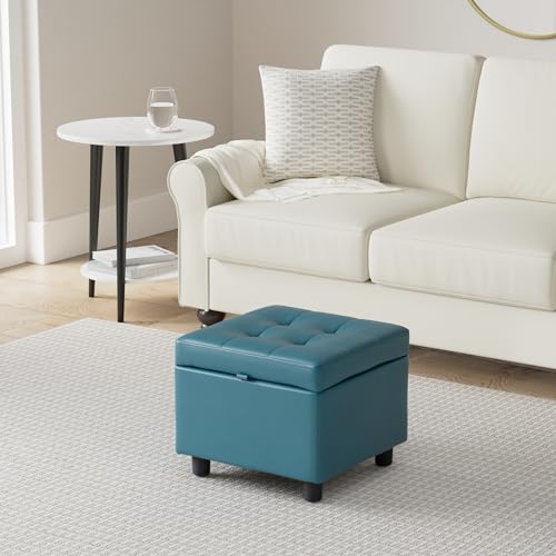 H&B Luxuries Tufted Leather Square Flip Top Storage Ottoman Cube Foot Rest (Blue with Storage) - color: Blue With Storage