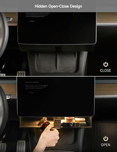 TPARTS Hidden Magnetic (Under Screen) Storage Box for Tesla Model 3/Y with Open-Close Design Center Console Organizer Dashboard Vehicle Tissue Holder with Smart Warm White Light - size: MY (20-24)/M3 (21-23)