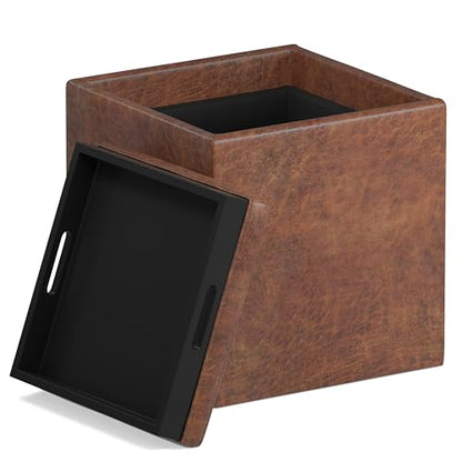 SIMPLIHOME Rockwood Cube Storage Ottoman with Tray - 17" Wide x 17" High Upholstered Vegan Leather Square Storage Ottoman in Distressed Saddle Brown, Contemporary Cube Ottoman with Serving Tray - color: Distressed Saddle Brown