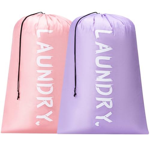 2 Pack XL Travel Laundry Bag, Machine Washable Dirty Clothes Organizer with Drawstring,Large Enough to Hold 4 Loads of Laundry, Easy Fit a Laundry Hamper or Basket Travel Essentials 24" x 36" - color: Light purple+Pink, size: 24"x36" |2 Pack