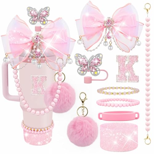 Letter Stickers Bling Accessories Set for Stanley 40/30/20 oz Tumbler: Bow Straw Topper, Charms, Butterfly Cap, Pearl Strap, Silicone Boot, Accessories for Stanley Quencher H2.0 - color: Pink Peony, style: K