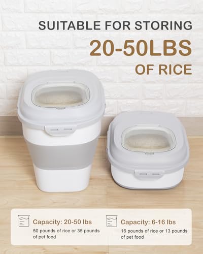 20-50 Lbs Food Storage Container With Wheel, Airtight Locking Lid, Collapsible Rice Container, Flour Storage With Small Container and Scoop, Suitable for Pet Food - color: Grey/20-50LBS