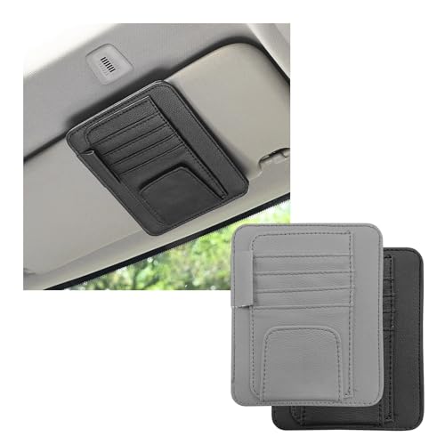 Dickno 2PCS Small Leather Car Sun Visor Organizer, Multifunctional Auto Visor Document Holder with Sunglasses Clip, Universal Car Interior Organizer for Drving License, Card, Pen (Black+Gray) - color: Black+Gray