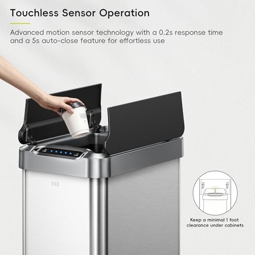 EKO Phantom-T 50 Liter / 13.2 Gallon Vertical Motion Sensor Trash Can, Brushed Stainless Steel Finish - size: Phantom 50L - Stainless Steel