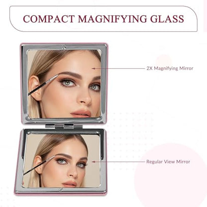 1X/2X Magnifying Compact Mirror with PU Leather, Mini Mirror for Purse, Handbag and Pocket, Pink