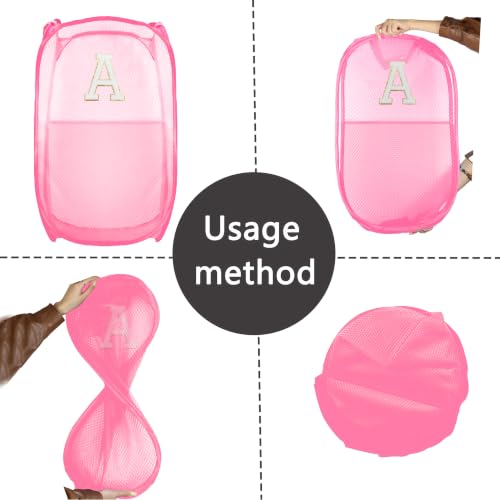 Collapsible Pop Up Laundry Hamper, Extra Large with Removable Initial Letter A, Mesh Foldable Laundry Basket, 28" x 16" x 16" (Pink) - color: 1P PinkA