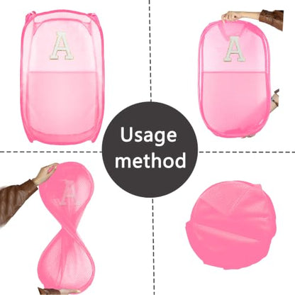 Collapsible Pop Up Laundry Hamper, Extra Large with Removable Initial Letter A, Mesh Foldable Laundry Basket, 28" x 16" x 16" (Pink) - color: 1P PinkA