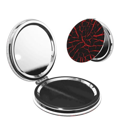Cracks Red Black Print Foldable Travel Pocket Mirror Round PU Leather Portable Mini Makeup Double Sided Handheld Magnifying,2.6 in - color: Cracks Red Black