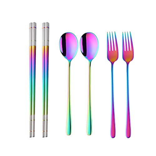 Buyer Star Stainless Steel Korean Chopsticks Spoons and Fork Set, 2 Pack Reusable Forks and Spoons Silverware Korean Utensil Set, Portable Utensils Dinnerware for Home (Rainbow) - color: Rainbow
